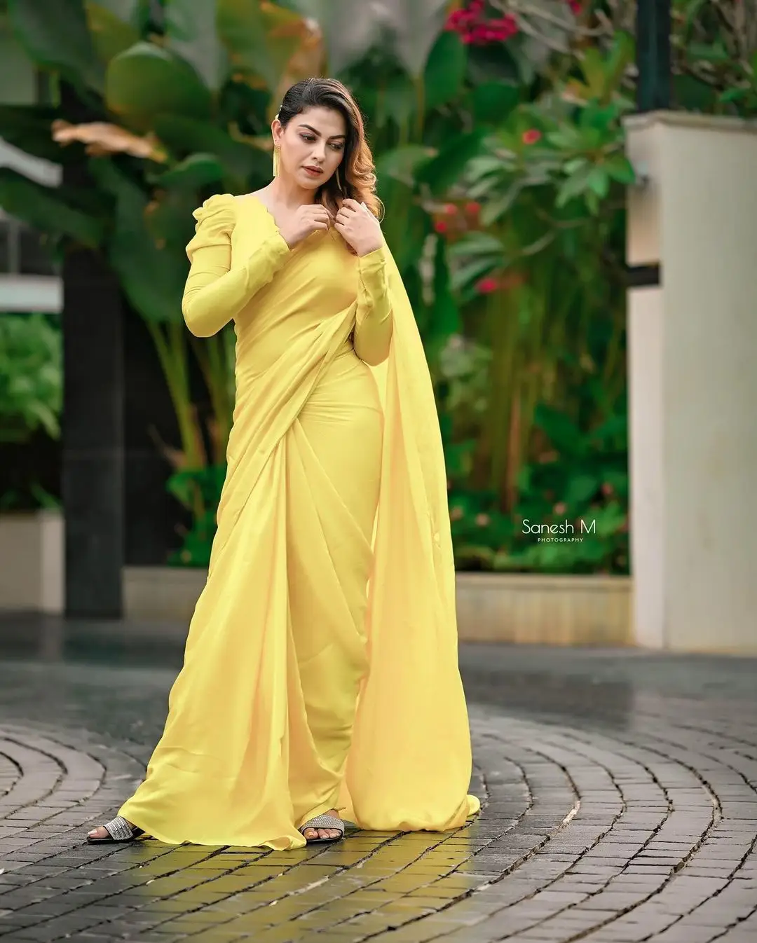 Anusree Nair In South Indian Traditional Yellow Saree Earrings Jewellery